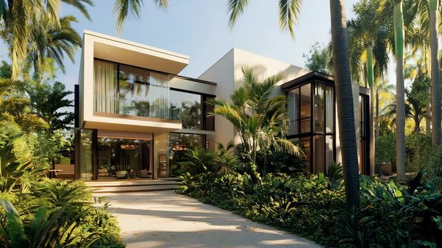 Dream home featuring modern two-story design, lush garden, and tall palms under clear sky