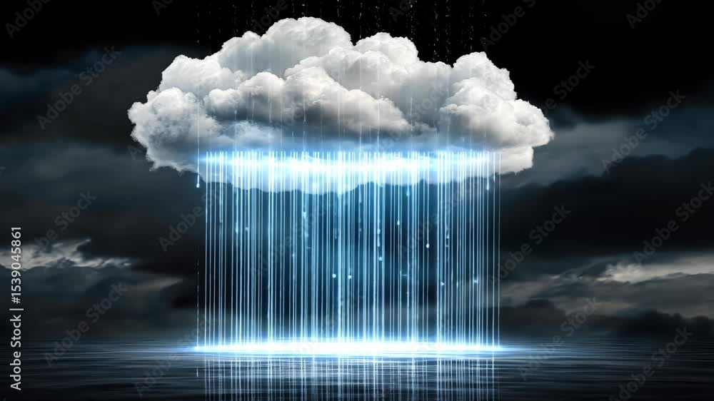 Poster a digital representation shows a cloud with cascading light rain over calm waters, creating a serene