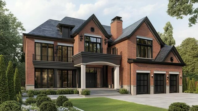 Elegant brick residence with a large triple garage, perfect for high-end residential design visuals