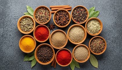 Circular arrangement of colorful spices in wooden bowls on a textured gray stone surface