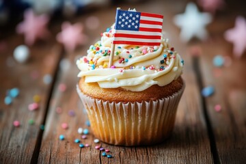 Celebrate with a delicious cupcake adorned with festive frosting and colorful sprinkles, Tasty cupcake with frosting, sprinkles, and American flag decoration on wooden background