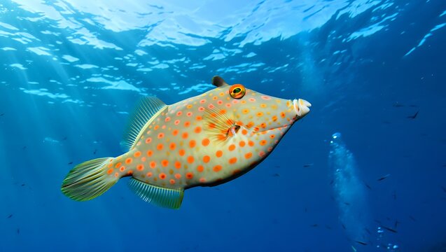 Orange spotted filefish swimming in clear blue ocean water with sunlight and bubbles underwater view