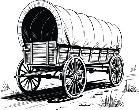 Covered Wagon Line Art, Vintage Pioneer Cart Sketch Drawing

