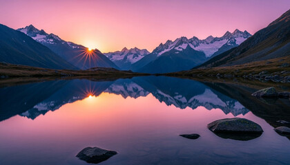 Scenic turquoise lake reflecting snowy mountains under warm orange-pink sunset sky with calm water and mist