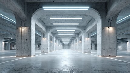 Visitors enter a spacious, modern underground parking area featuring concrete pillars and bright LED lighting that illuminates the clean floor. The design emphasizes openness.