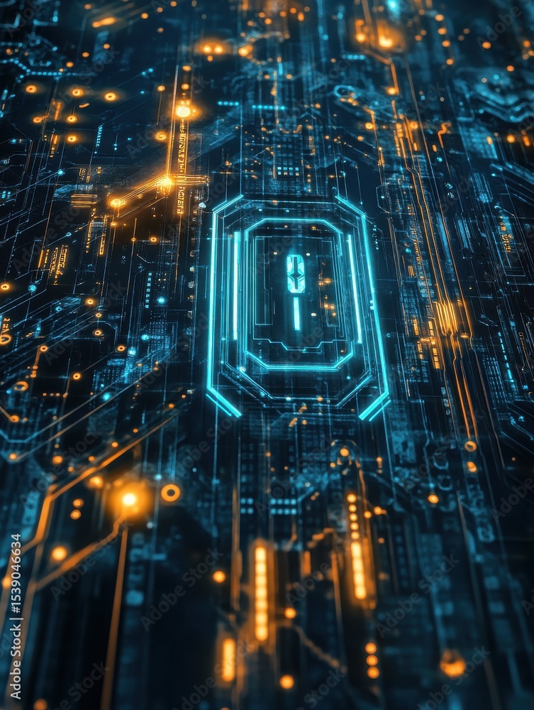Poster secure tech system safeguards data. futuristic circuit board graphic shows secure system. ai protect