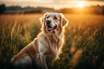 Golden retriever sitting in golden hour field, sunlight on fur