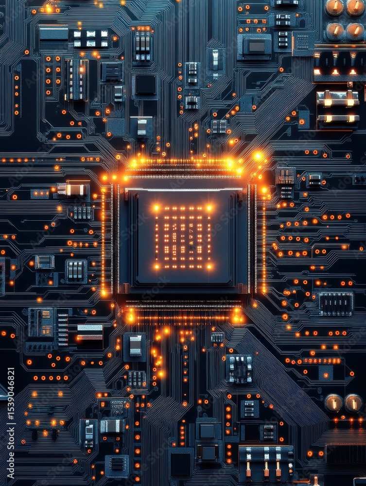 Poster close-up of a circuit board, showcasing intricate pathways and a central processor, symbolizing tech