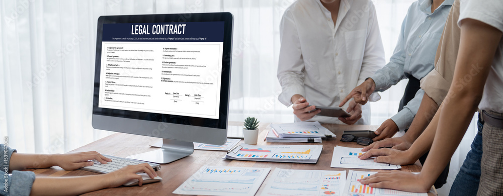 Aufkleber digital legal contract provide terms and conditions document on computer screen ready for online dig