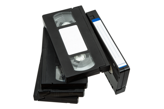 Stack of VHS video cassettes on white isolated background