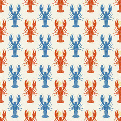 Seamless pattern with hand-drawn lobsters. Ideal for packaging, wrapping paper, fabric, stationery, and textile design. Vector illustration