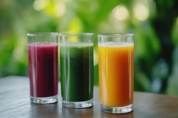 Fresh organic vegetable and fruit juices presented in tall glasses at a serene outdoor setting, Glasses with fresh organic vegetable and fruit juices Detox diet