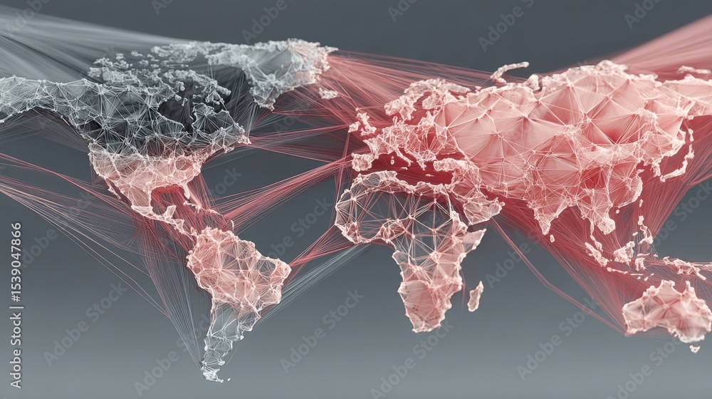 Poster lines representing data connections and interactions flow between different regions of a stylized wo