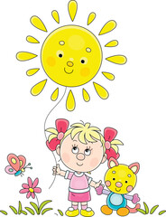 Happy little girl with her funny toy cat holding a friendly smiling yellow Sun by a small string, vector cartoon illustration isolated on a white background