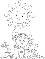Happy little girl with her funny toy cat holding a friendly smiling Sun by a small string, black and white outline vector cartoon illustration for a coloring book