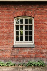 Rustic red brick wall features a classic window with white framed panes surrounded by green foliage in a serene outdoor setting during daylight hours