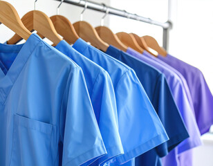 Fototapeta premium Line of colorful medical scrubs hanging on a garment rack in a healthcare setting.