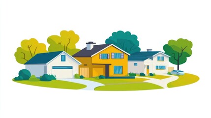 Cartoon illustration featuring a cozy suburban neighborhood with various houses and trees