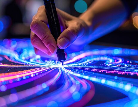 Hand draws colorful digital art using stylus, creating abstract light design.