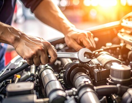 Auto mechanic repairs car engine under bright sunlight. Automotive service work.