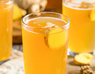 Refreshing ginger ale in tall glasses, showcasing a cool and natural beverage.