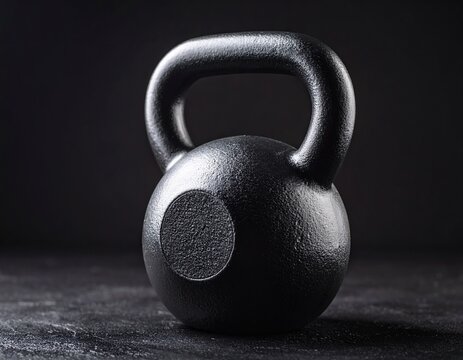Black kettlebell ready for a workout on a dark surface. Fitness equipment.