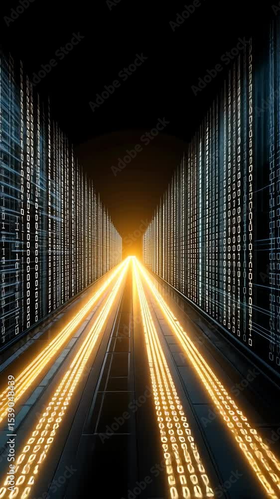 Poster glowing binary code forms a tunnel leading to a bright light, representing the future of technology 