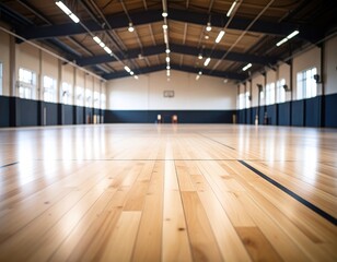 Empty gymnasium illuminated by overhead lights, with a shiny wooden floor.