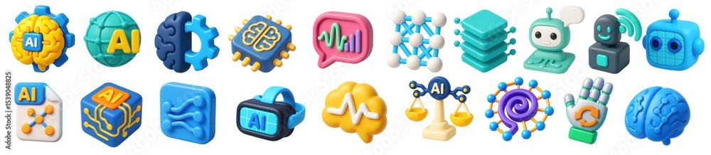 Poster set of colorful and playful 3d icons illustrating various elements of artificial intelligence, such 