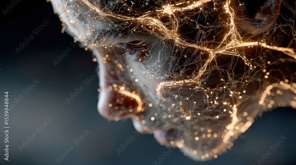 Poster close-up of a face where intricate lines of light and energy intertwine, symbolizing the fusion of h