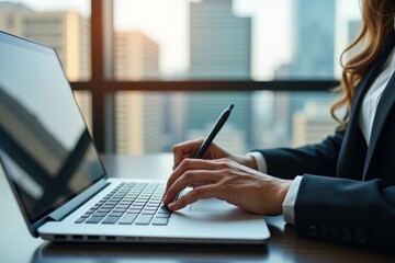 Businesswoman elegantly completing an online form on laptop with cityscape background.