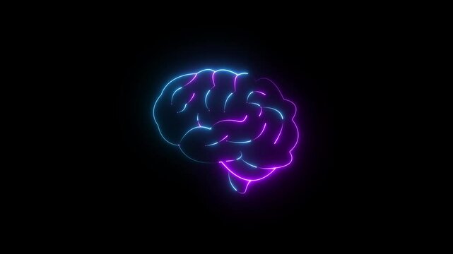 Glowing blue and purple neon brain outline against a black background illustrating intelligence.  Neon Brain Organ Icon, Futuristic Digital Design Symbol of Intelligence and Mind.