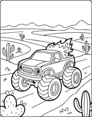Beautiful cartoon monster truck on natural desert road black and white line art vector for children coloring page