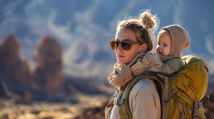 Woman with baby in backpack in mountains. Mother and child walking together in nature, enjoying nature. Family tourism.