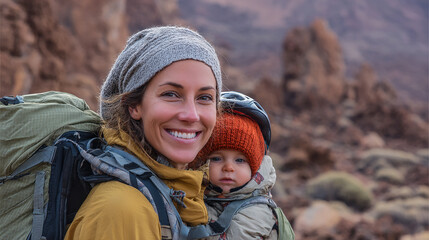 Woman with baby in backpack in mountains. Mother and child walking together in nature, enjoying nature. Family tourism.
