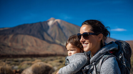 Woman with baby in backpack in mountains. Mother and child walking together in nature, enjoying nature. Family tourism.