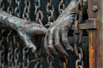 Rusty hands grasping chains in a metal work manufacturing facility under dim lighting, Metalwork manufacturing and construction maintenance service, welding, closeup on hands