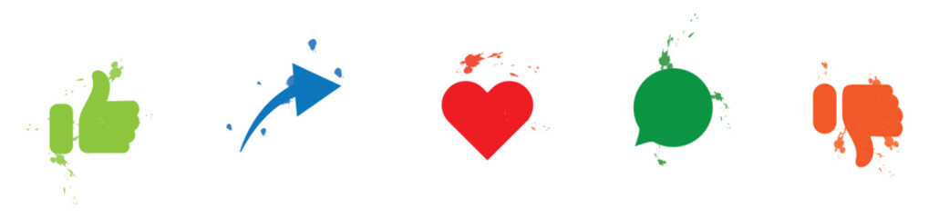 Social media interaction icon set with paint splatter