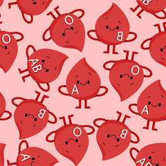 Seamless pattern of blood droplet character with different blood types