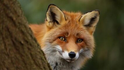 Fototapeta premium Red fox portrait behind a tree in the forest