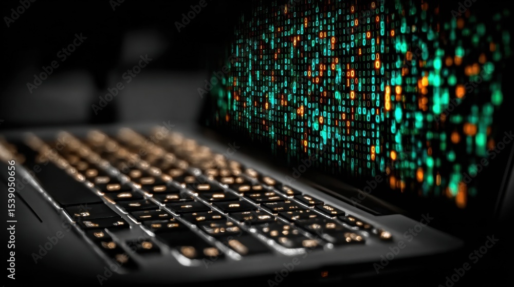 Poster a laptop keyboard glows in the dark, surrounded by colorful, shifting digital patterns displaying vi