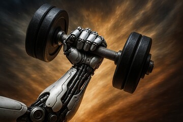 Robotic prosthetic limb and bionic arm, gritty steel palette, lifting dumbbell in epic fitness scene