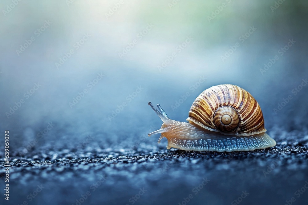 Poster snail slowly creeping along a textured surface in a closeup macro view during daylight, snail slowly