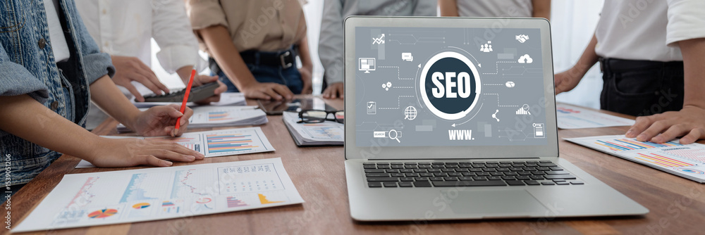 Poster SEO search engine optimization for brisk e-commerce and online retail business showing on computer screen