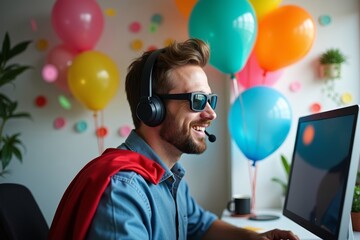 Customer Service Agent transforms into superhero in call center, embraced by vibrant decorations.