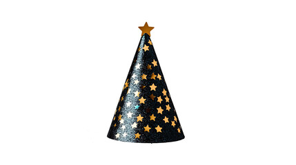 Black party hat with gold stars for birthday celebration and festive events isolated on transparent background 