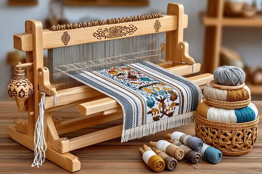 Wooden handloom weaving colorful threads high resolution picture