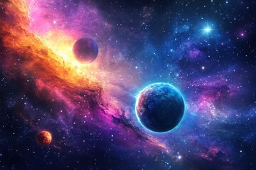 Vibrant cosmic display featuring colorful celestial bodies in an expansive universe, Vibrant cosmic scene with celestial bodies