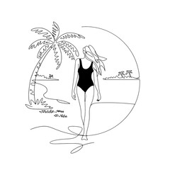 Woman Walking on Beach Line Art