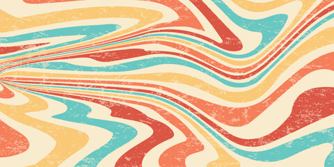 Spiral retro pattern background. Swirl groovy vector sun rays. Psychedelic radial burst with grunge texture. 70s starburst hypnotic illustration. Vintage circular abstract colorful bg